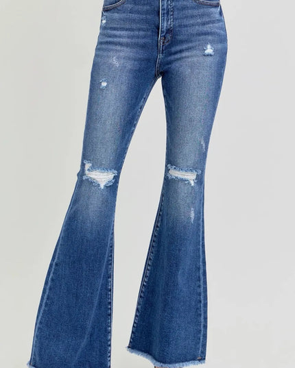 RISEN Full Size High Rise Distressed Raw Hem Flare Jeans - THE AMERICAN BLUE