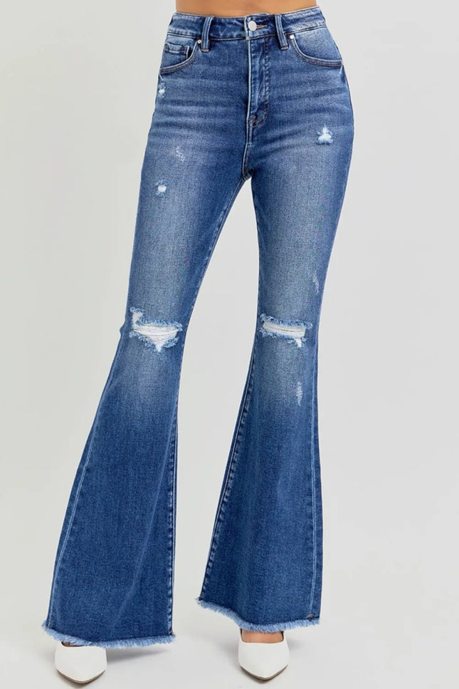 RISEN Full Size High Rise Distressed Raw Hem Flare Jeans - THE AMERICAN BLUE