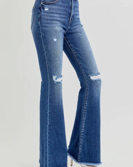 RISEN Full Size High Rise Distressed Raw Hem Flare Jeans - THE AMERICAN BLUE