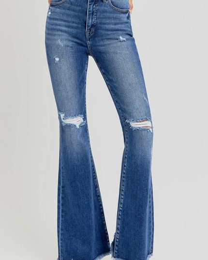 RISEN Full Size High Rise Distressed Raw Hem Flare Jeans - THE AMERICAN BLUE