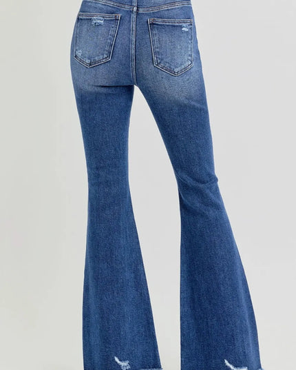 RISEN Full Size High Rise Distressed Raw Hem Flare Jeans - THE AMERICAN BLUE