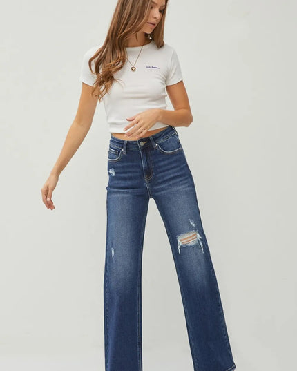 RISEN Full Size High Rise Distressed Wide Leg Jeans - THE AMERICAN BLUE