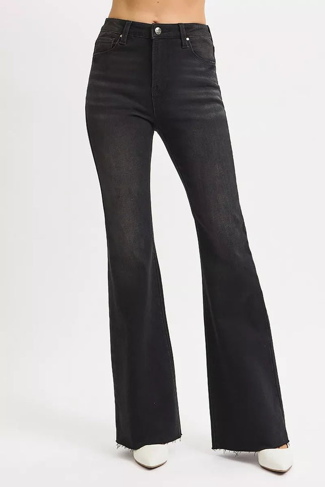RISEN Full Size High Rise Flare Raw Cut Hem Jeans Plus Size - THE AMERICAN BLUE