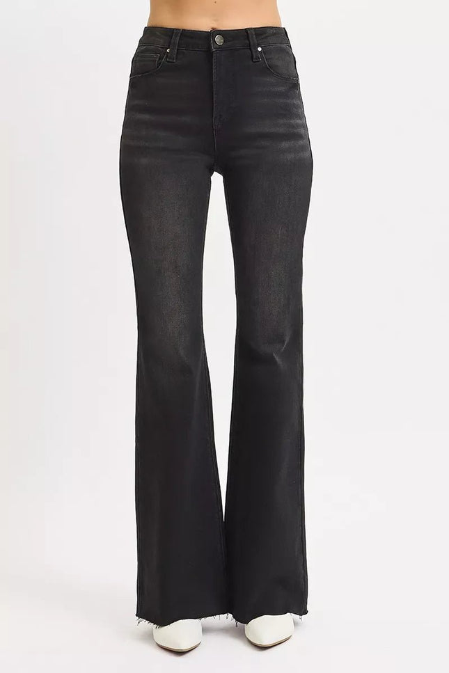 RISEN Full Size High Rise Flare Raw Cut Hem Jeans Plus Size - THE AMERICAN BLUE