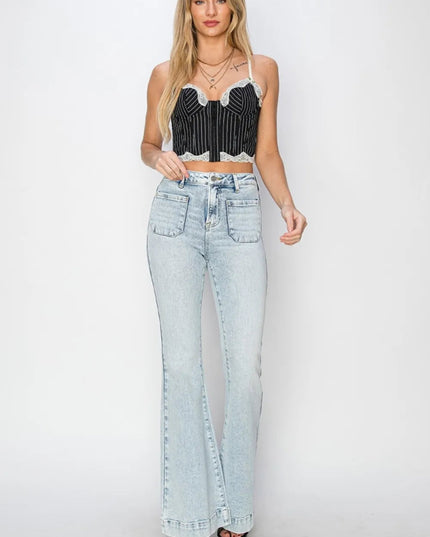 Risen Full Size High Rise Front Patch Pocket Flare Jeans - THE AMERICAN BLUE
