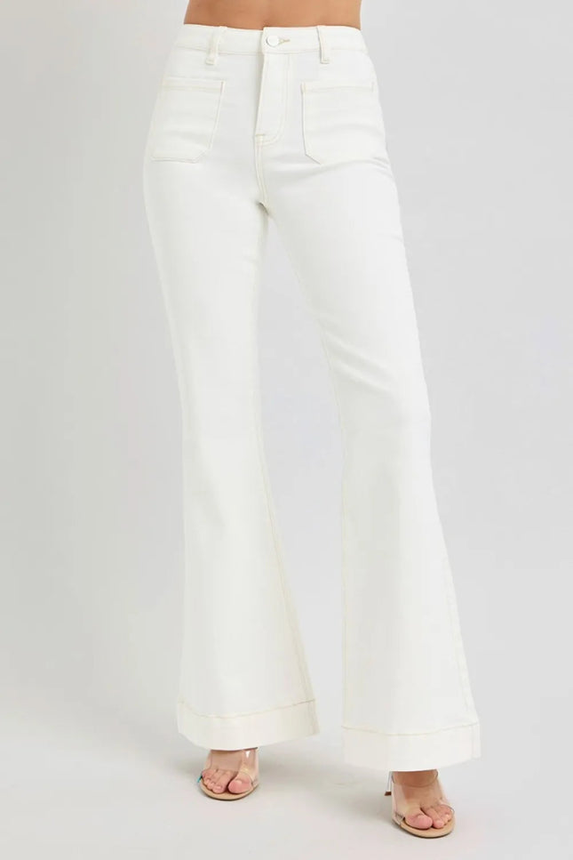 RISEN Full Size High Rise Front Patch Pocket Flare Jeans - THE AMERICAN BLUE