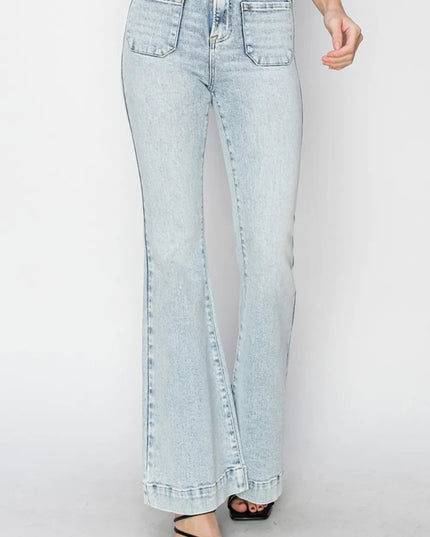 Risen Full Size High Rise Front Patch Pocket Flare Jeans - THE AMERICAN BLUE