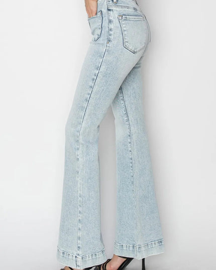 Risen Full Size High Rise Front Patch Pocket Flare Jeans - THE AMERICAN BLUE