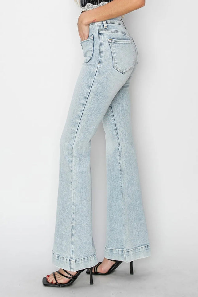 Risen Full Size High Rise Front Patch Pocket Flare Jeans - THE AMERICAN BLUE