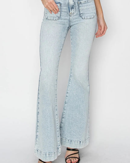 Risen Full Size High Rise Front Patch Pocket Flare Jeans - THE AMERICAN BLUE