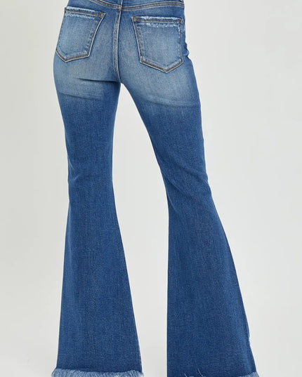 RISEN Full Size High Rise Front Slit Frayed Hem Flare Jeans - THE AMERICAN BLUE