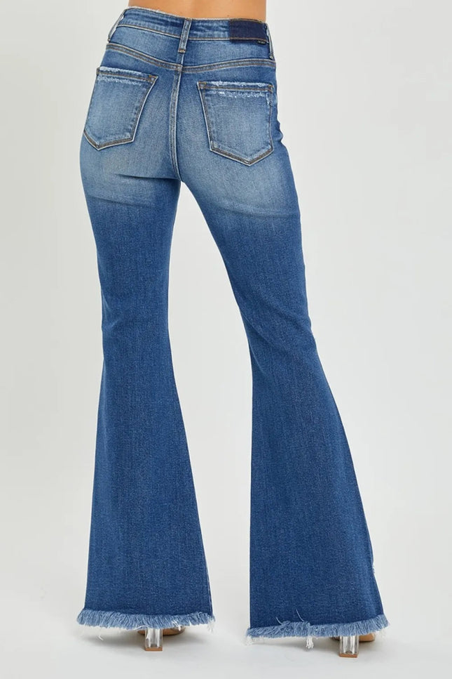 RISEN Full Size High Rise Front Slit Frayed Hem Flare Jeans - THE AMERICAN BLUE