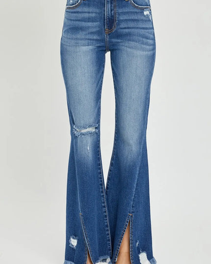 RISEN Full Size High Rise Front Slit Frayed Hem Flare Jeans - THE AMERICAN BLUE