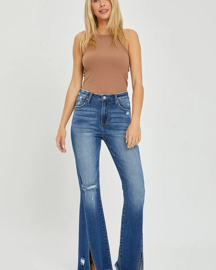 RISEN Full Size High Rise Front Slit Frayed Hem Flare Jeans - THE AMERICAN BLUE