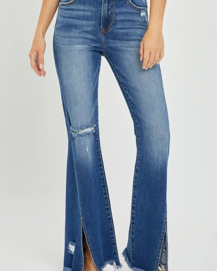 RISEN Full Size High Rise Front Slit Frayed Hem Flare Jeans - THE AMERICAN BLUE