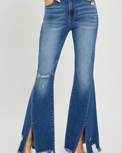 RISEN Full Size High Rise Front Slit Frayed Hem Flare Jeans - THE AMERICAN BLUE