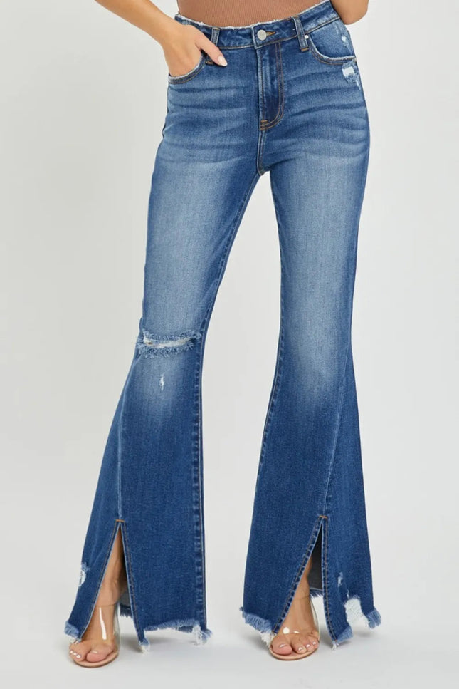 RISEN Full Size High Rise Front Slit Frayed Hem Flare Jeans - THE AMERICAN BLUE