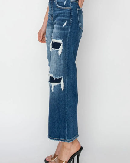Risen Full Size High Rise Patch Detailed Wide Leg Crop Jeans - THE AMERICAN BLUE