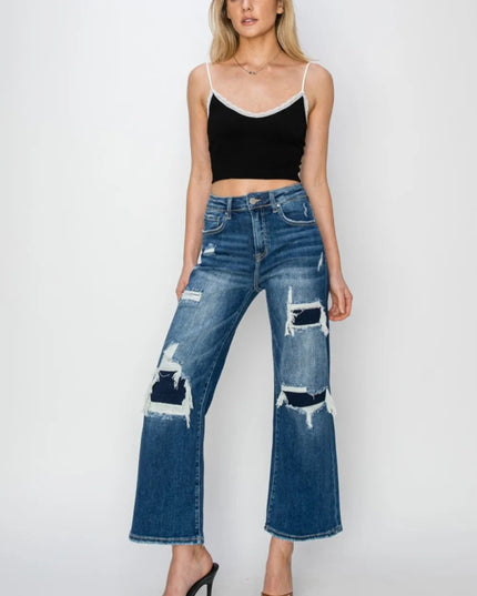 Risen Full Size High Rise Patch Detailed Wide Leg Crop Jeans - THE AMERICAN BLUE