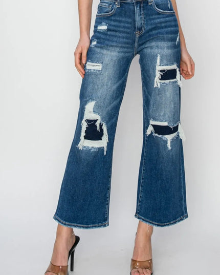 Risen Full Size High Rise Patch Detailed Wide Leg Crop Jeans - THE AMERICAN BLUE