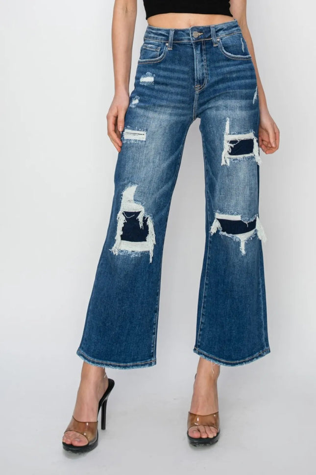 Risen Full Size High Rise Patch Detailed Wide Leg Crop Jeans - THE AMERICAN BLUE