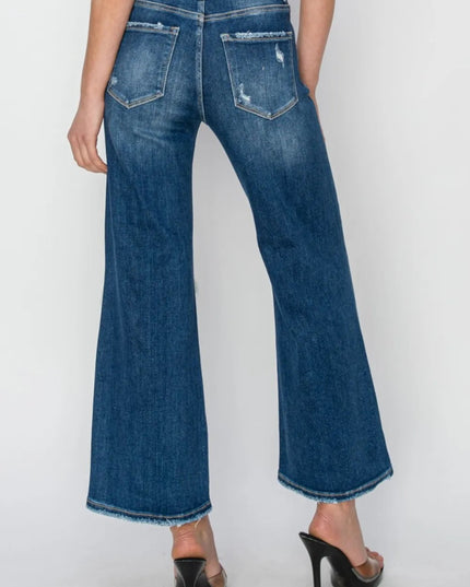 Risen Full Size High Rise Patch Detailed Wide Leg Crop Jeans - THE AMERICAN BLUE