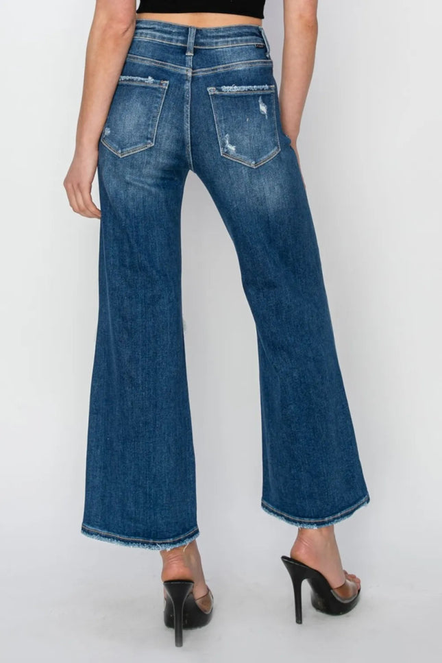Risen Full Size High Rise Patch Detailed Wide Leg Crop Jeans - THE AMERICAN BLUE