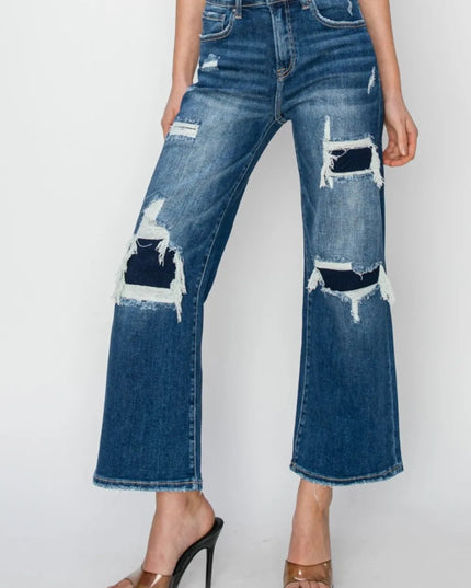 Risen Full Size High Rise Patch Detailed Wide Leg Crop Jeans - THE AMERICAN BLUE
