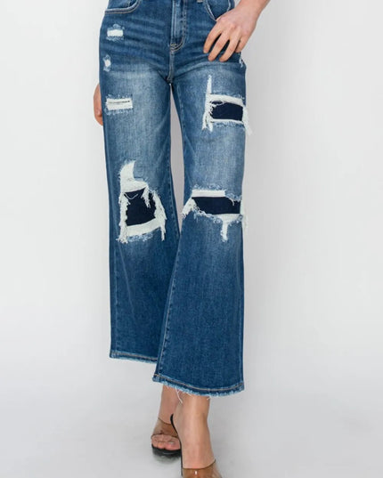 Risen Full Size High Rise Patch Detailed Wide Leg Crop Jeans - THE AMERICAN BLUE