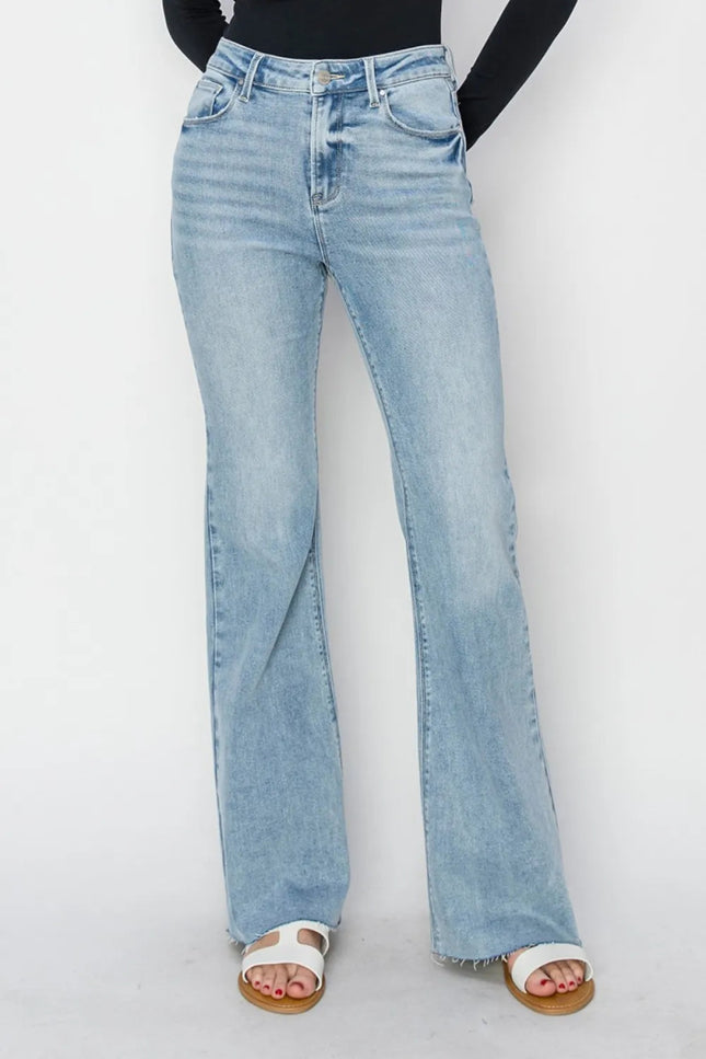 RISEN Full Size High Rise Raw Cut Hem Bootcut Jeans - THE AMERICAN BLUE