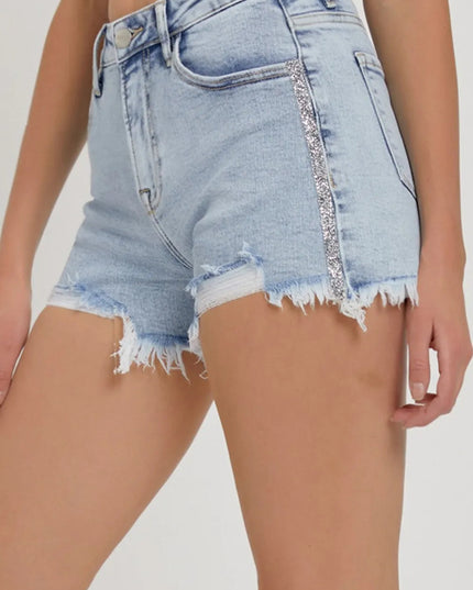 RISEN Full Size High Rise Rhinestone Strap Embellished Denim Shorts - THE AMERICAN BLUE