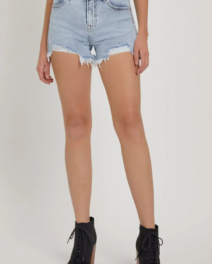 RISEN Full Size High Rise Rhinestone Strap Embellished Denim Shorts - THE AMERICAN BLUE