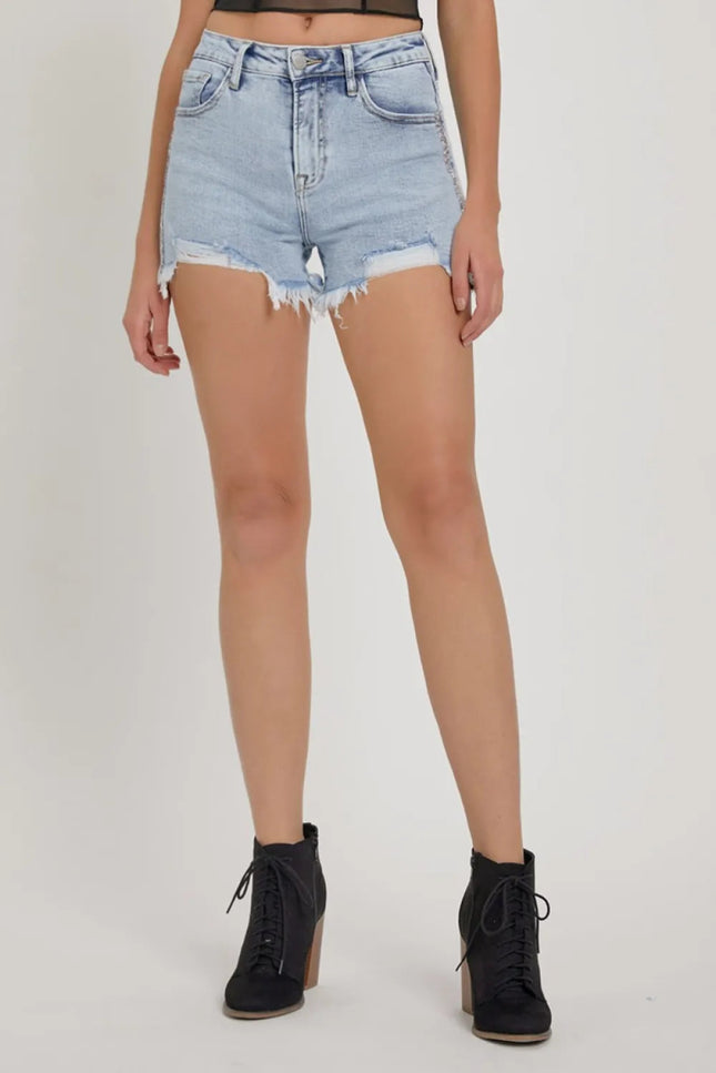 RISEN Full Size High Rise Rhinestone Strap Embellished Denim Shorts - THE AMERICAN BLUE