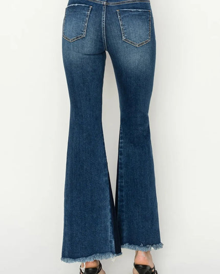 RISEN Full Size High Rise Side Shadow Seam Detail Slit Flare Jeans - THE AMERICAN BLUE