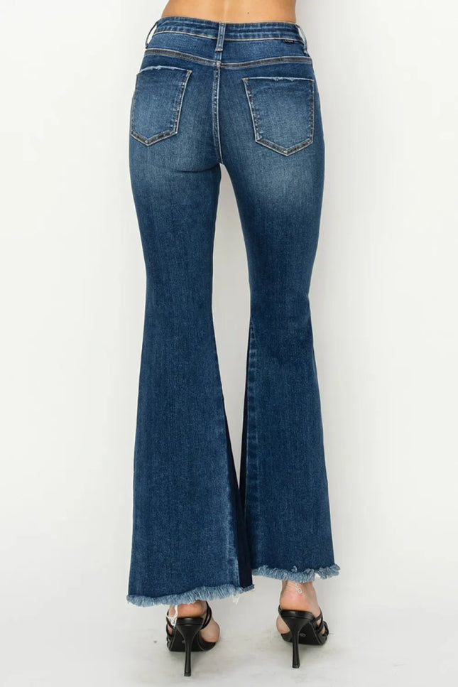 RISEN Full Size High Rise Side Shadow Seam Detail Slit Flare Jeans - THE AMERICAN BLUE