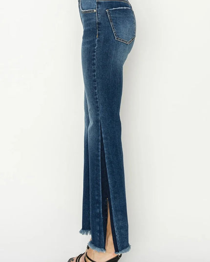 RISEN Full Size High Rise Side Shadow Seam Detail Slit Flare Jeans - THE AMERICAN BLUE