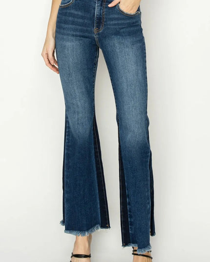 RISEN Full Size High Rise Side Shadow Seam Detail Slit Flare Jeans - THE AMERICAN BLUE