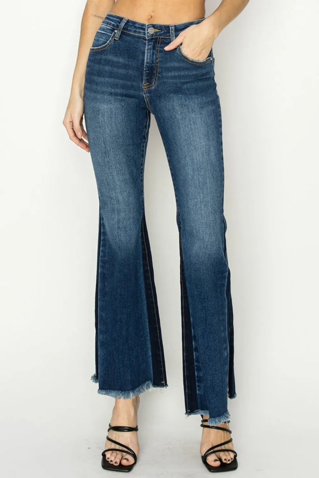 RISEN Full Size High Rise Side Shadow Seam Detail Slit Flare Jeans - THE AMERICAN BLUE