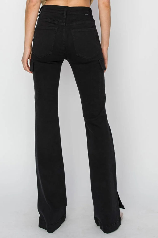 RISEN Full Size High Rise Side Slit Cargo Bootcut Jeans - THE AMERICAN BLUE