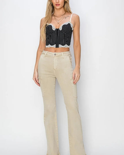 RISEN Full Size High Rise Side Slit Cargo Bootcut Jeans - THE AMERICAN BLUE