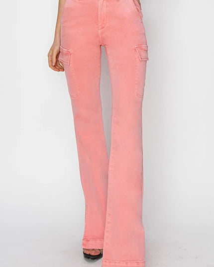 RISEN Full Size High Rise Side Slit Cargo Bootcut Jeans - THE AMERICAN BLUE