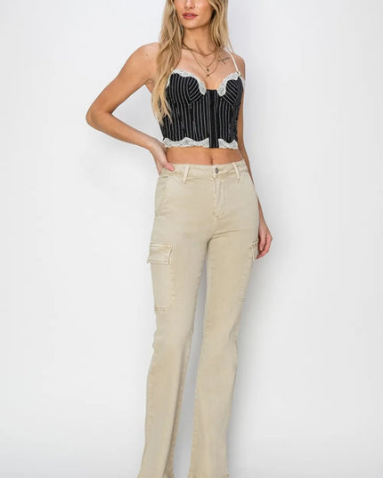 RISEN Full Size High Rise Side Slit Cargo Bootcut Jeans - THE AMERICAN BLUE