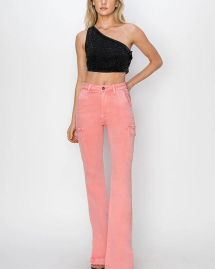 RISEN Full Size High Rise Side Slit Cargo Bootcut Jeans - THE AMERICAN BLUE