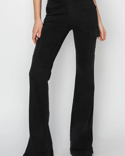 RISEN Full Size High Rise Side Slit Cargo Bootcut Jeans - THE AMERICAN BLUE