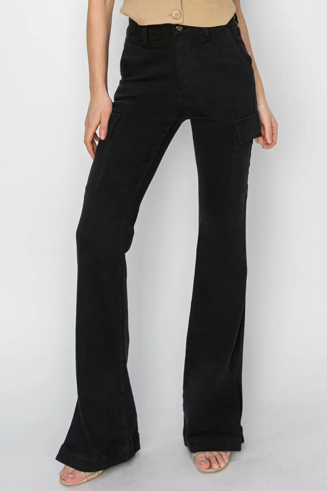 RISEN Full Size High Rise Side Slit Cargo Bootcut Jeans - THE AMERICAN BLUE