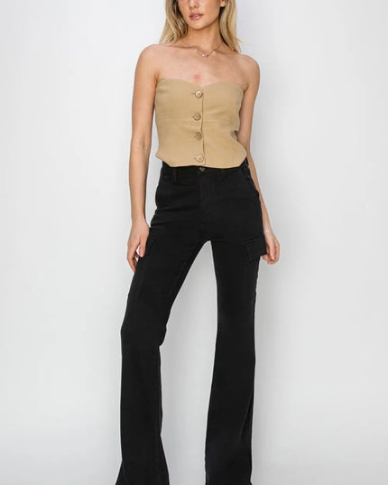 RISEN Full Size High Rise Side Slit Cargo Bootcut Jeans - THE AMERICAN BLUE