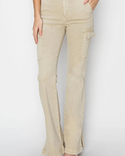 RISEN Full Size High Rise Side Slit Cargo Bootcut Jeans - THE AMERICAN BLUE