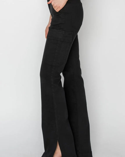 RISEN Full Size High Rise Side Slit Cargo Bootcut Jeans - THE AMERICAN BLUE