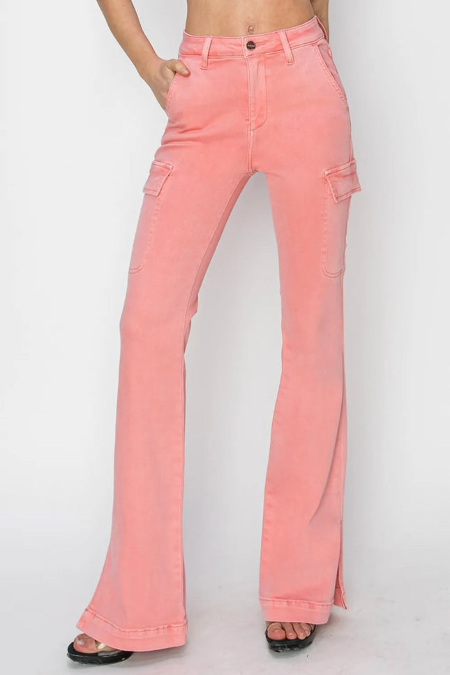 RISEN Full Size High Rise Side Slit Cargo Bootcut Jeans - THE AMERICAN BLUE