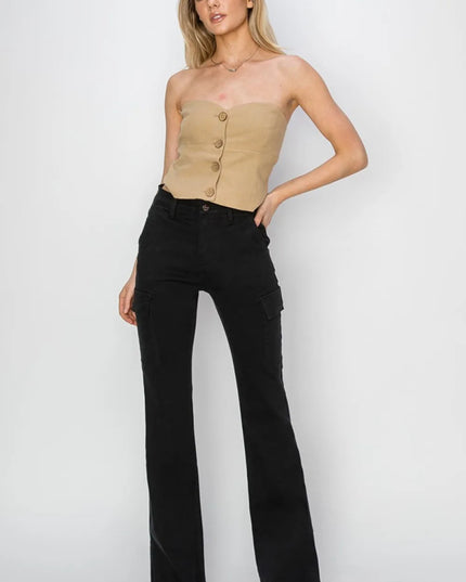 RISEN Full Size High Rise Side Slit Cargo Bootcut Jeans - THE AMERICAN BLUE